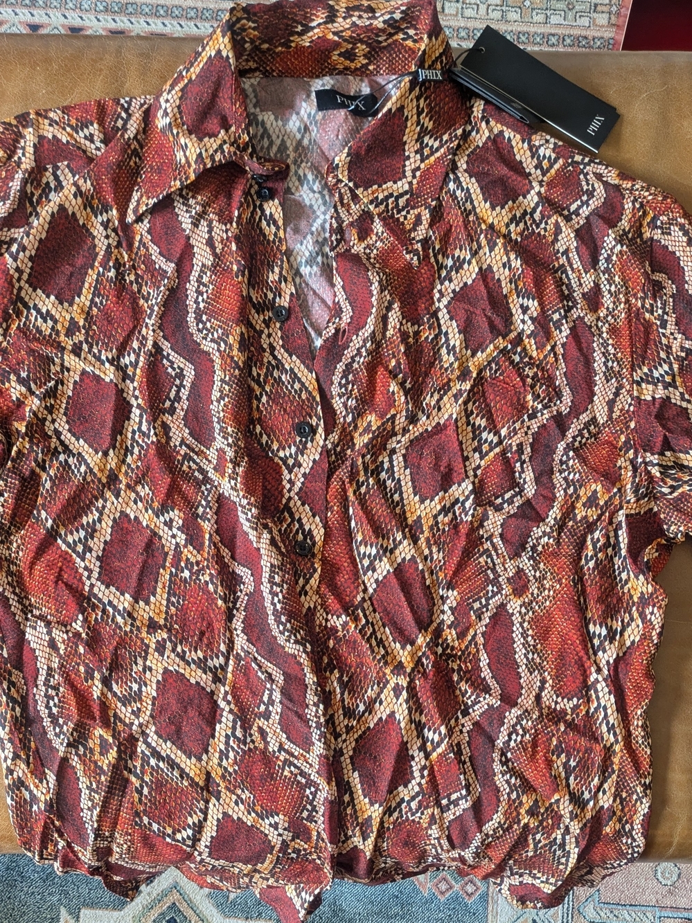 Snake Print Button-Up Blouse in Rust & Tan NWT Large